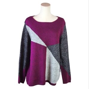Karen Scott Colorblock Geometric Sweater Size M Purple, Gray, Black Long Sleeve